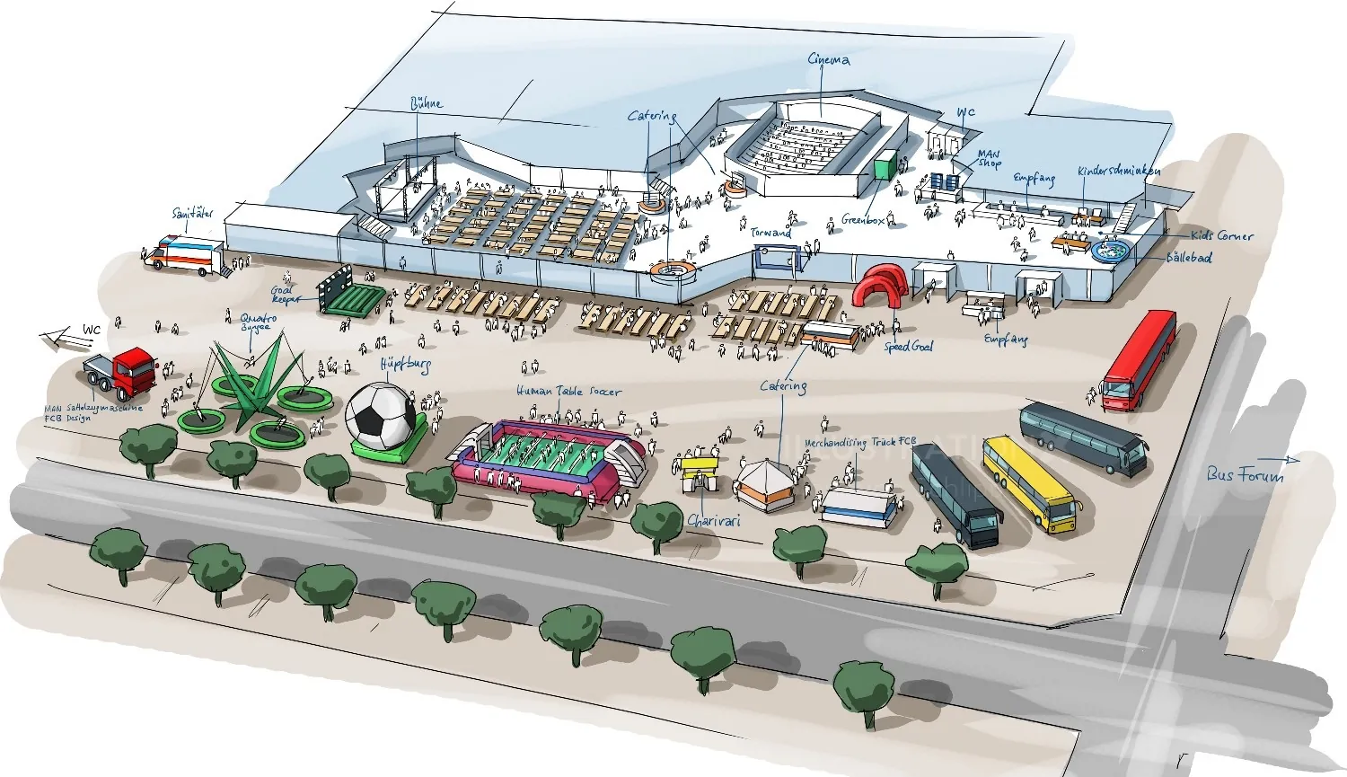 Illustration of a sporting complex layout by Björn von Schlippe