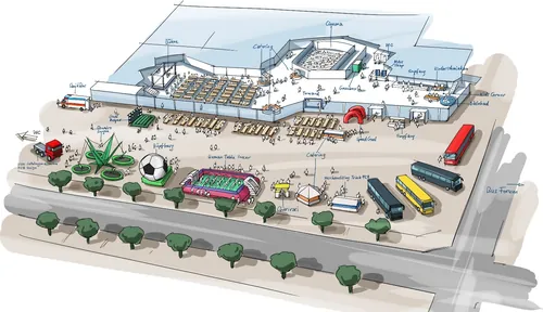 Illustration of a sporting complex layout by Björn von Schlippe