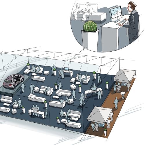 Illustration of an indoor event with booths and attendees by Björn von Schlippe