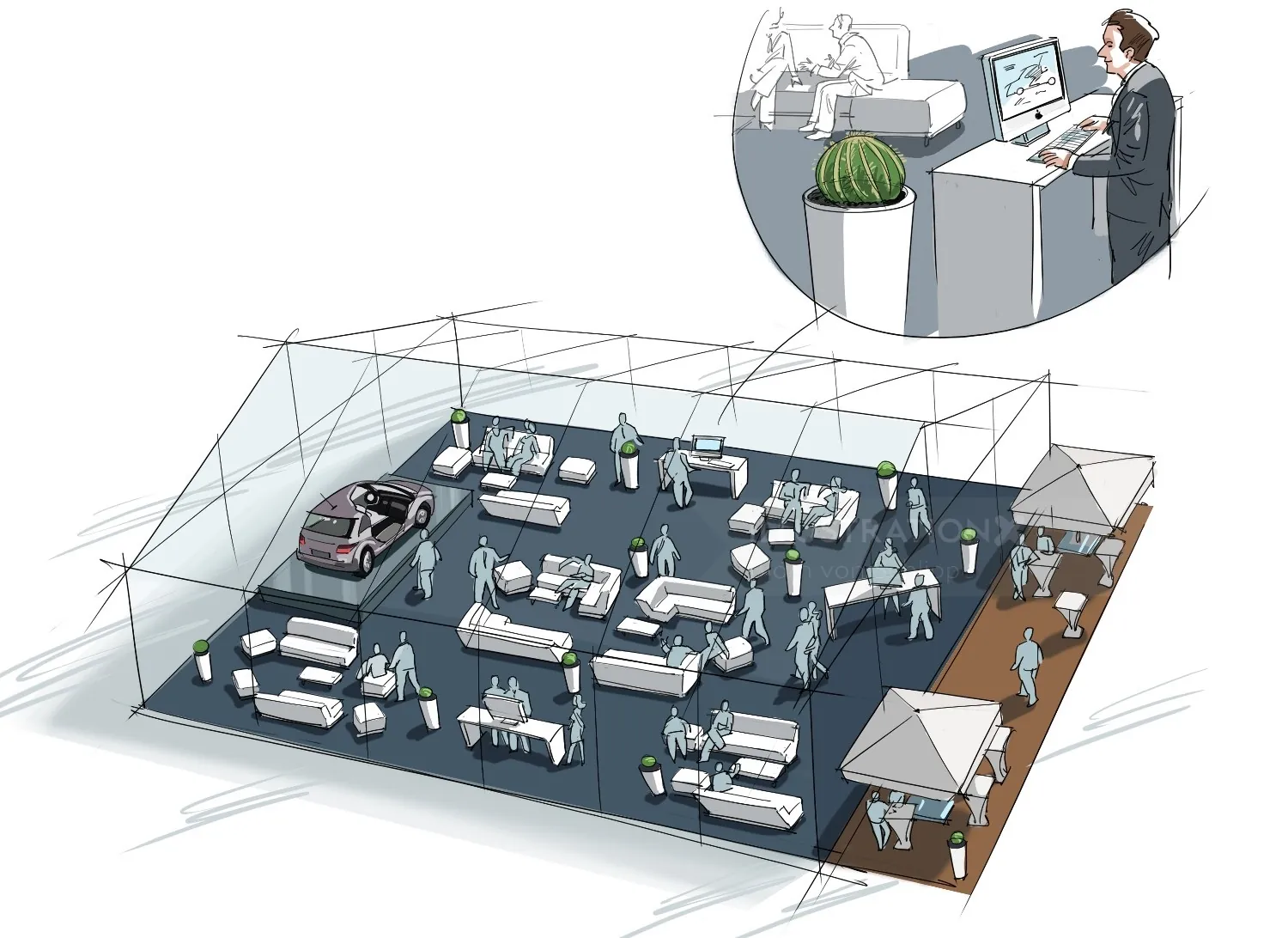 Illustration of an indoor event with booths and attendees by Björn von Schlippe