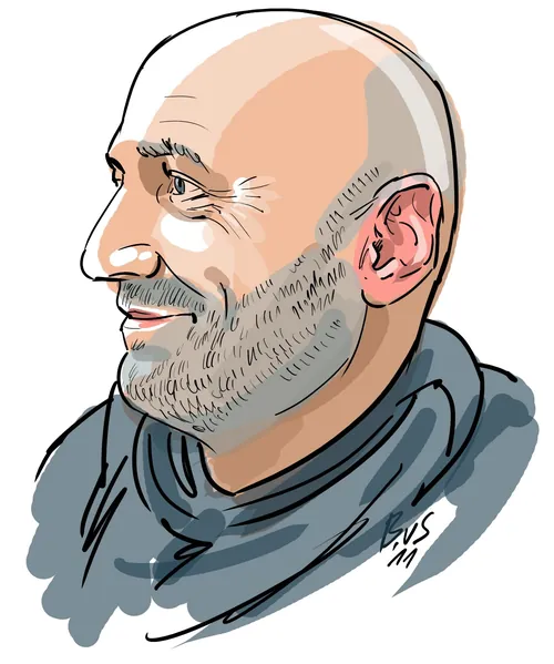 Profile portrait of a bald man smiling, illustrated by Björn von Schlippe