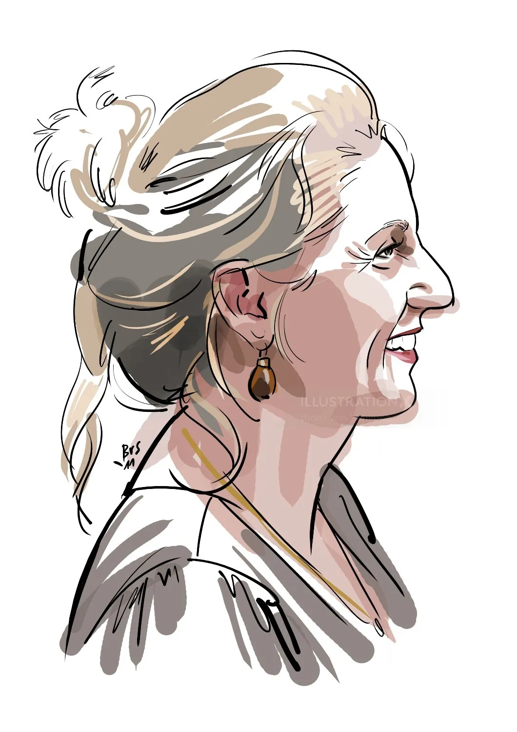 Profile of a smiling woman with tied-back hair and earrings by Björn von Schlippe