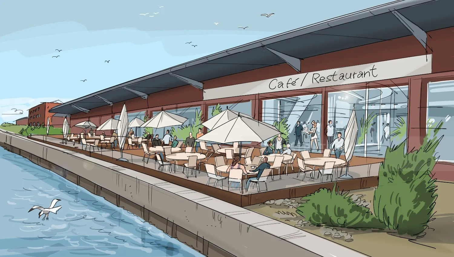 Waterfront cafe restaurant with outdoor seating and umbrellas by the water, artwork by Björn von Sc