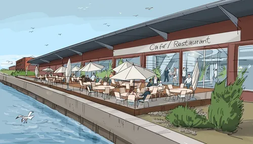 Waterfront cafe restaurant with outdoor seating and umbrellas by the water, artwork by Björn von Sc