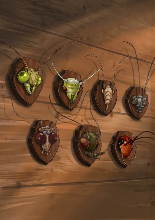 Mounted insect heads displayed on wooden plaques by Björn von Schlippe