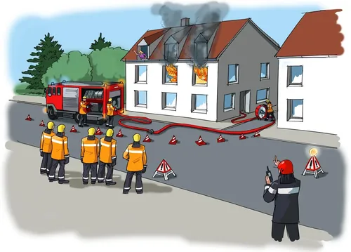 Firefighters extinguishing house fire with smoke and flames, illustration by Björn von Schlippe