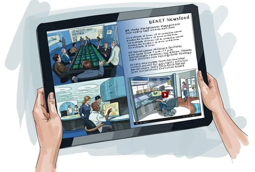 Hands holding a tablet showing a digital magazine with meeting images by Björn von Schlippe