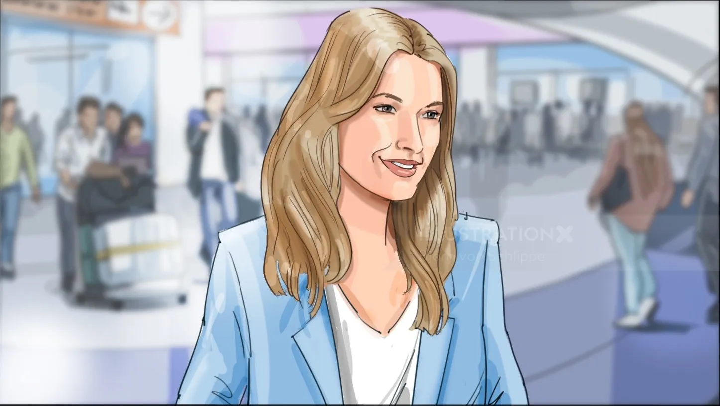 Smiling woman in light blue blazer in a busy indoor area by Björn von Schlippe