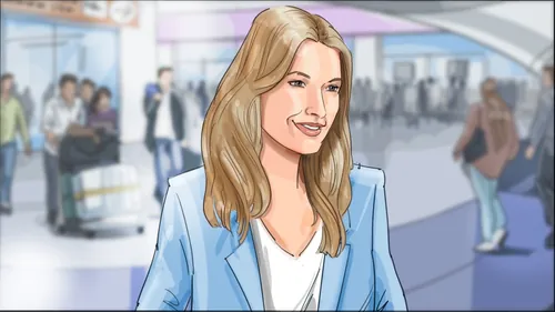 Smiling woman in light blue blazer in a busy indoor area by Björn von Schlippe