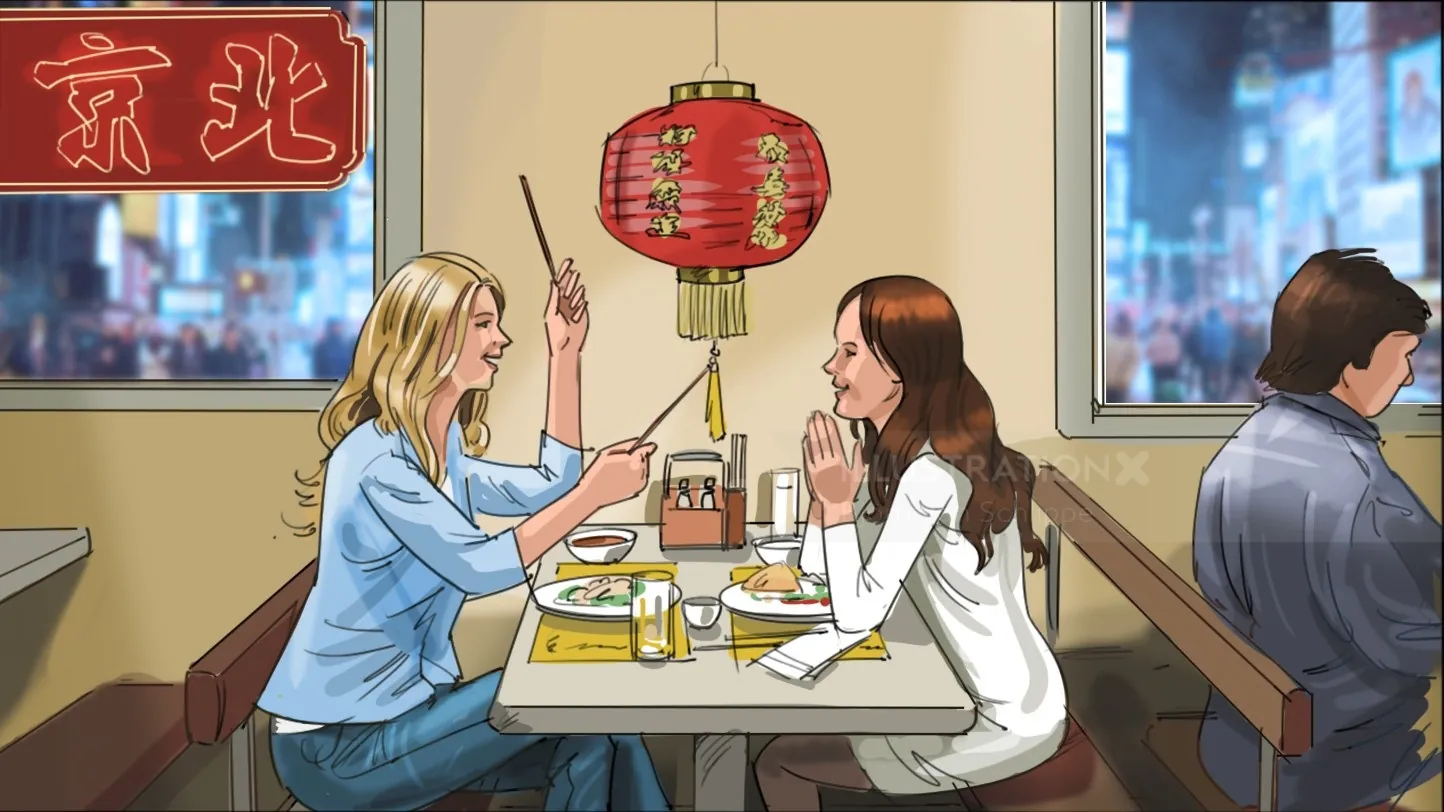 Two women dining in an Asian restaurant interior by Björn von Schlippe