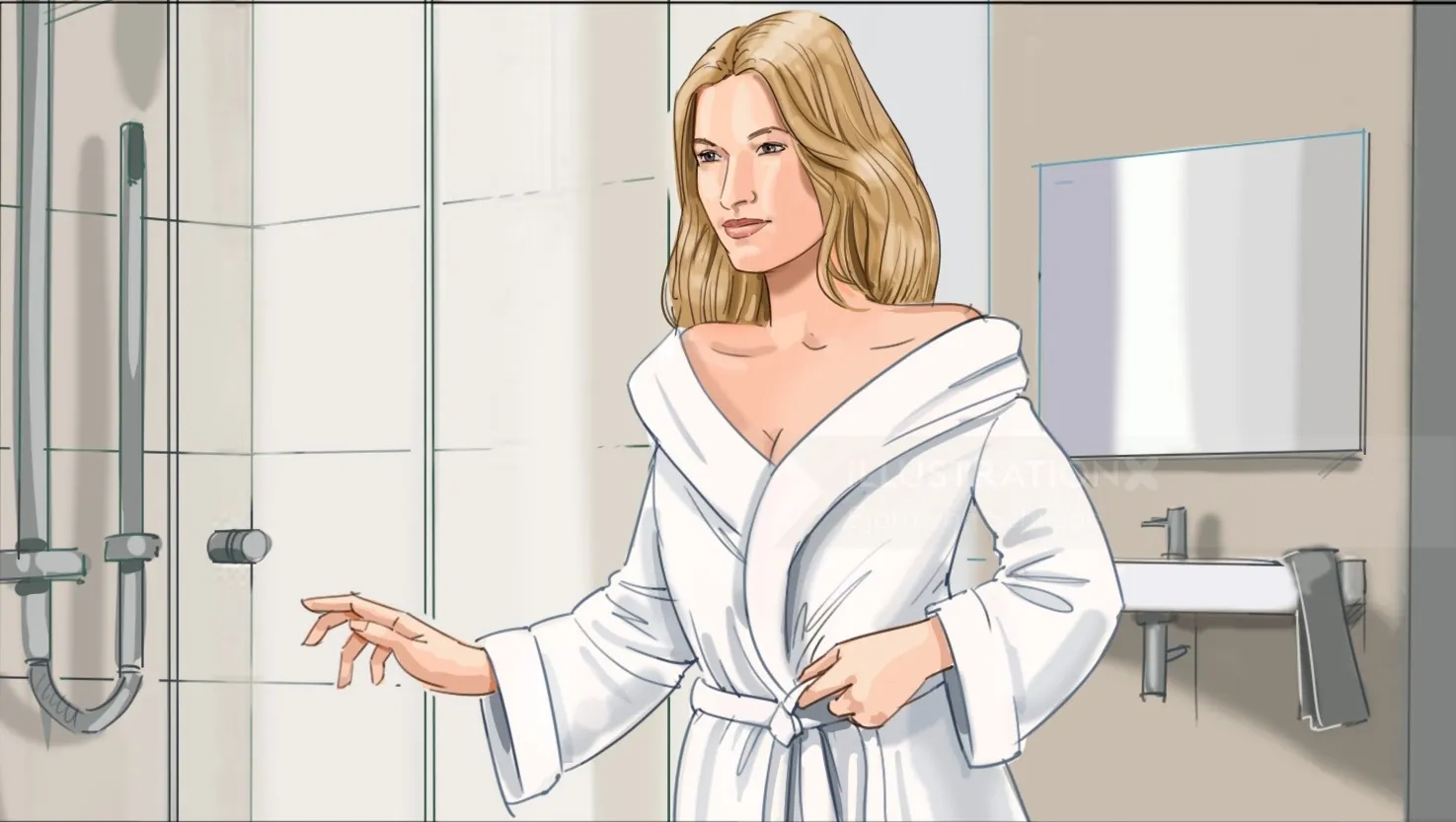 Woman in white bathrobe standing in bathroom by mirror, artwork by Björn von Schlippe
