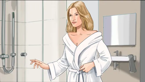Woman in white bathrobe standing in bathroom by mirror, artwork by Björn von Schlippe