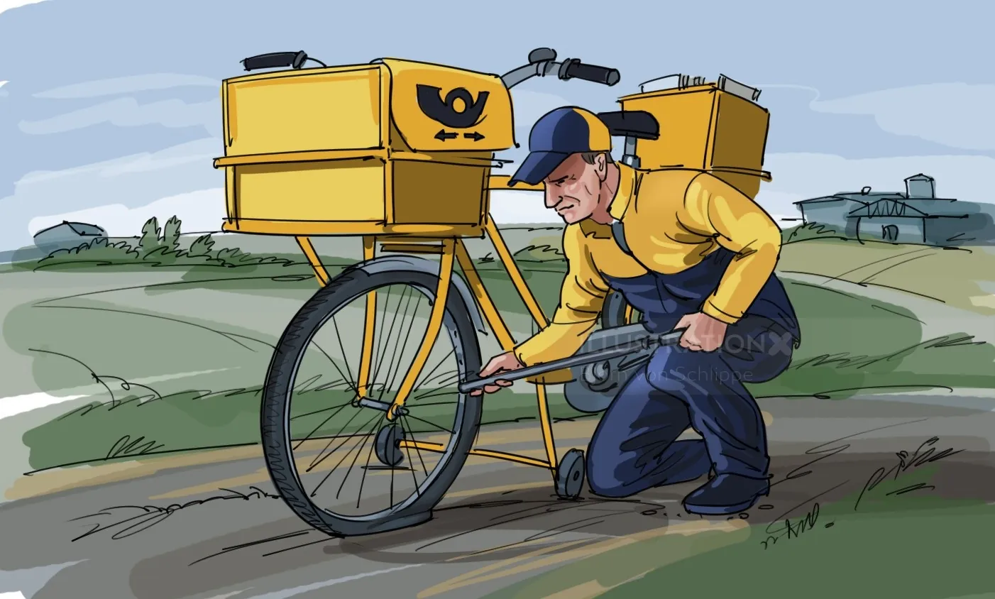 Postal worker repairing bicycle tire on rural road by Björn von Schlippe