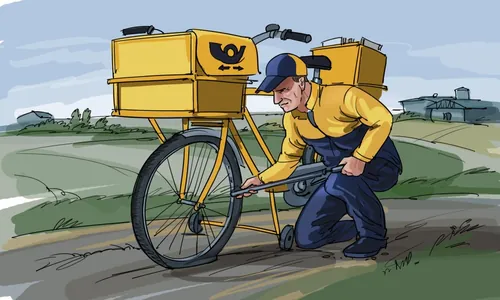 Postal worker repairing bicycle tire on rural road by Björn von Schlippe