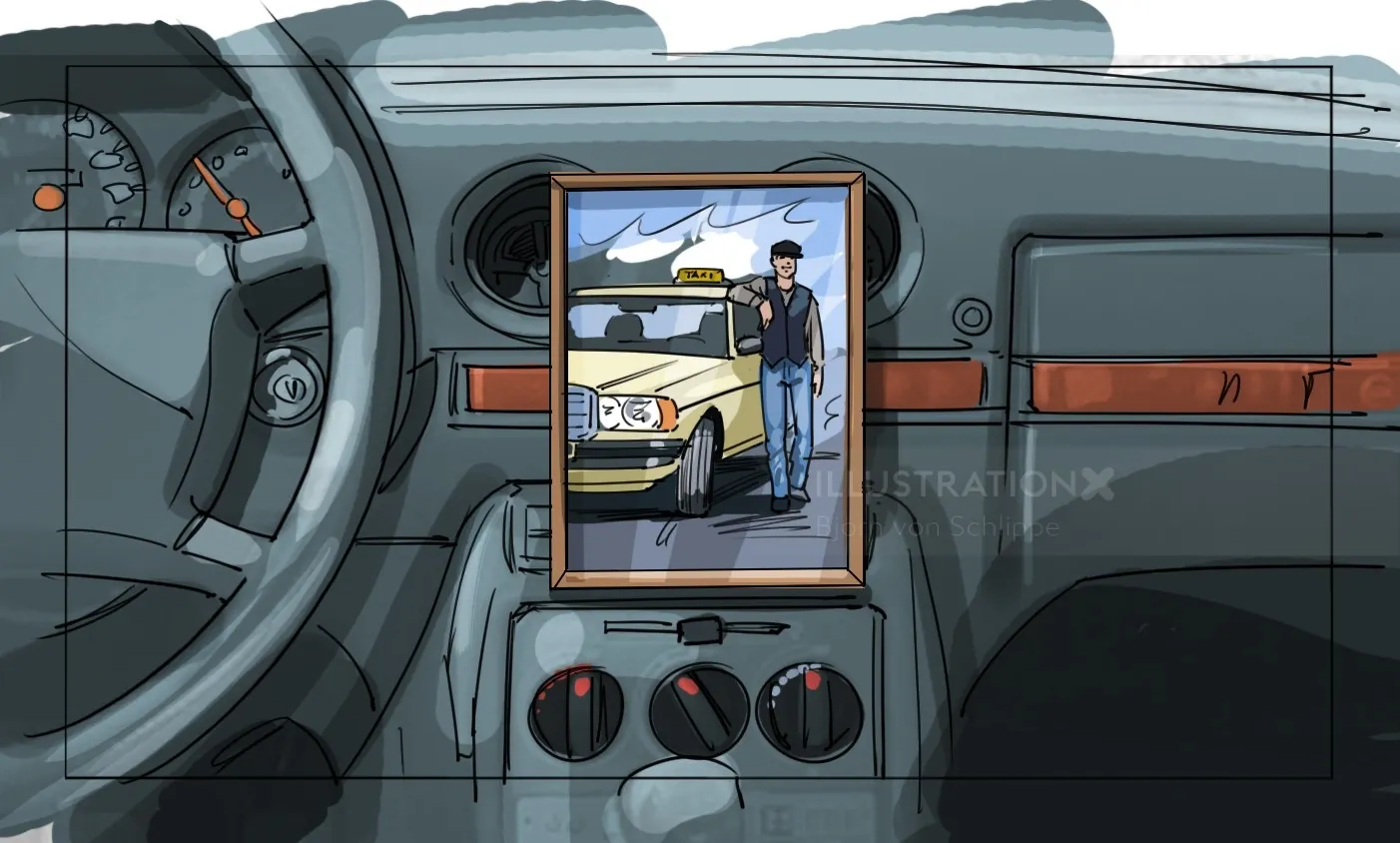 Car dashboard with framed photo of man and car by Björn von Schlippe