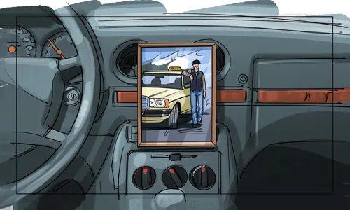 Car dashboard with framed photo of man and car by Björn von Schlippe
