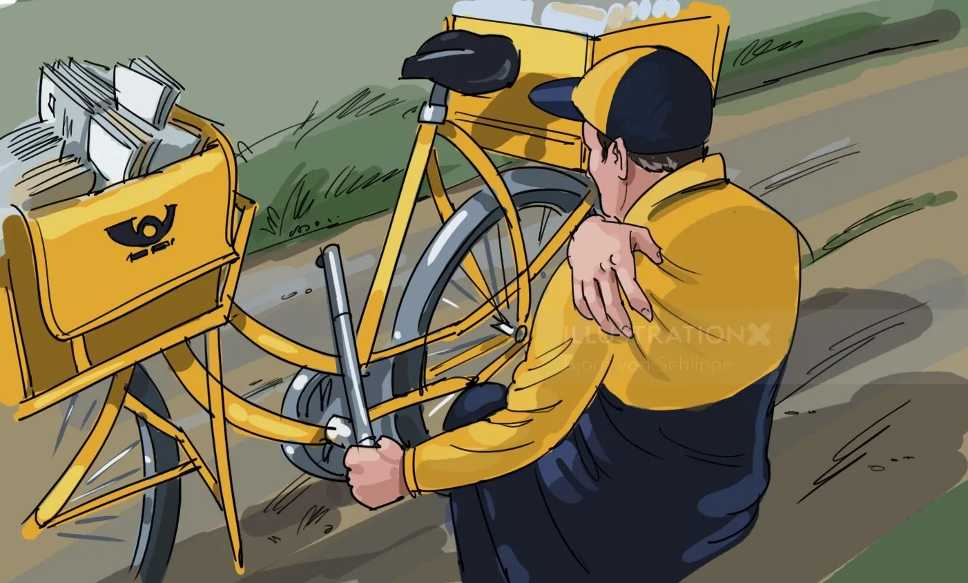 Postal worker in yellow uniform fixing bicycle near mail carrier bag by Björn von Schlippe