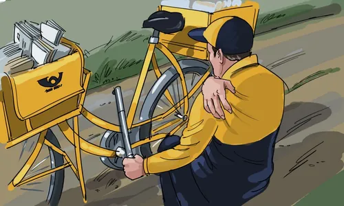 Postal worker in yellow uniform fixing bicycle near mail carrier bag by Björn von Schlippe