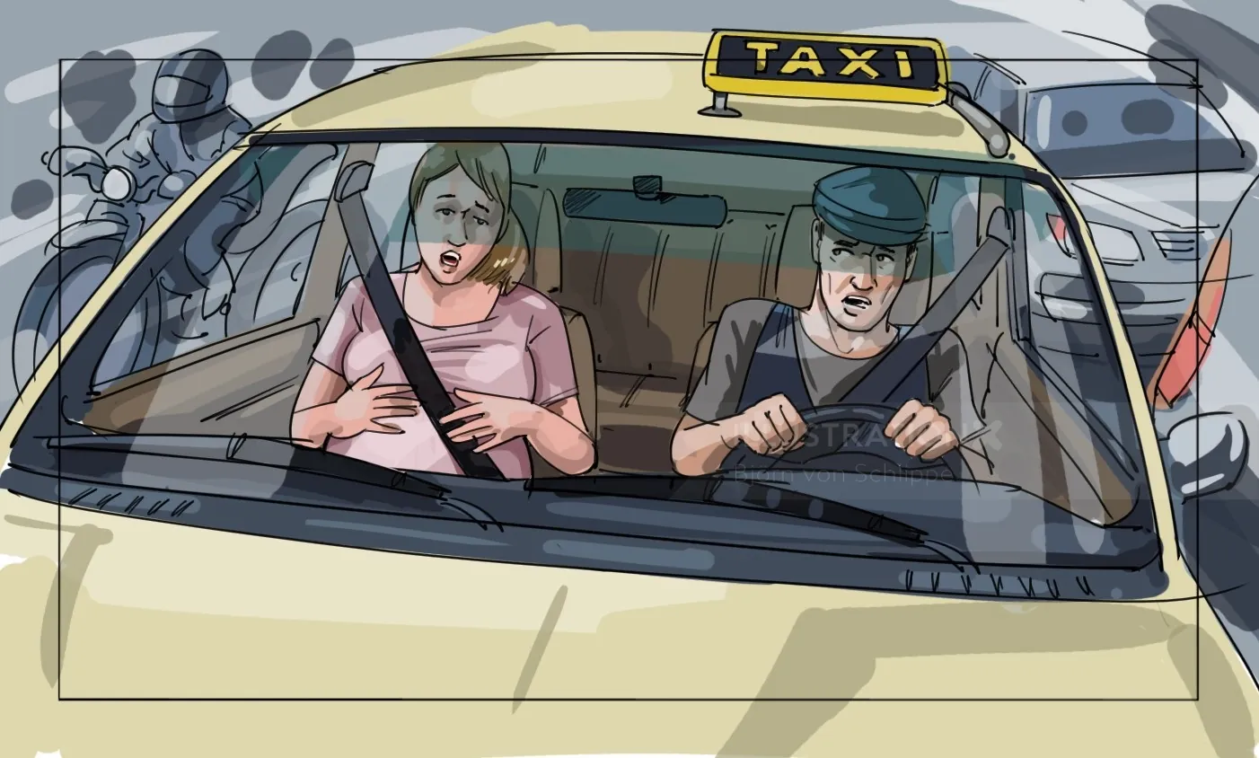 Taxi interior with male driver and female passenger by artist Björn von Schlippe