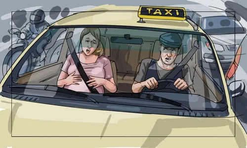 Taxi interior with male driver and female passenger by artist Björn von Schlippe