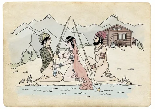 Three people fishing near a lake with mountains and a cabin, by Björn von Schlippe