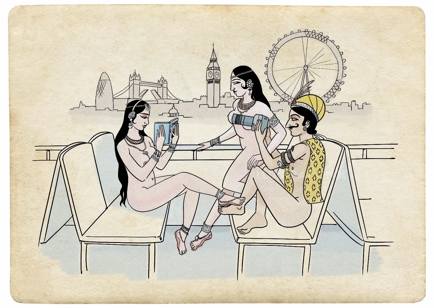 Illustration of three women drinking with London skyline, by Björn von Schlippe