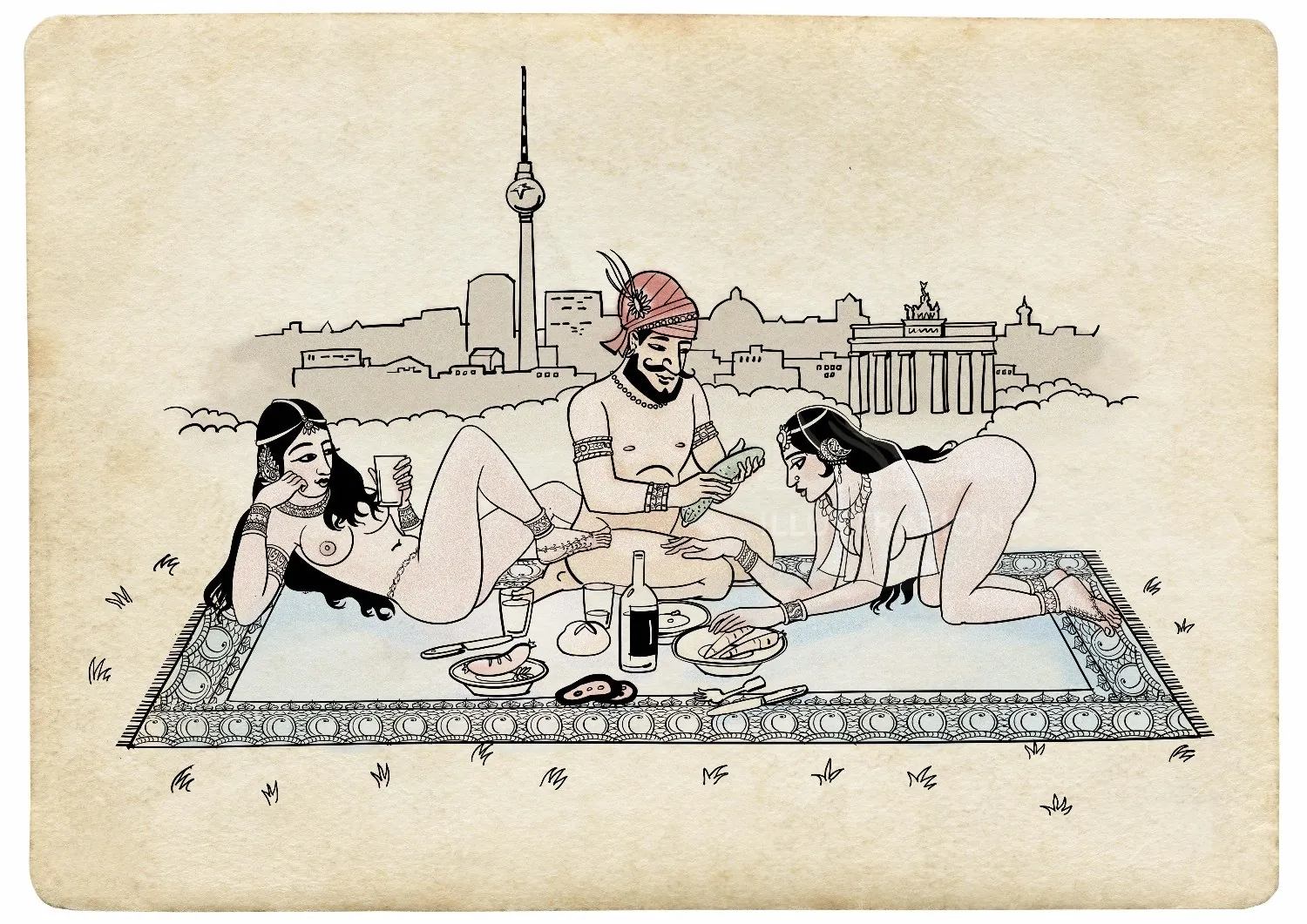 Picnic scene with three people and Berlin skyline by Björn von Schlippe