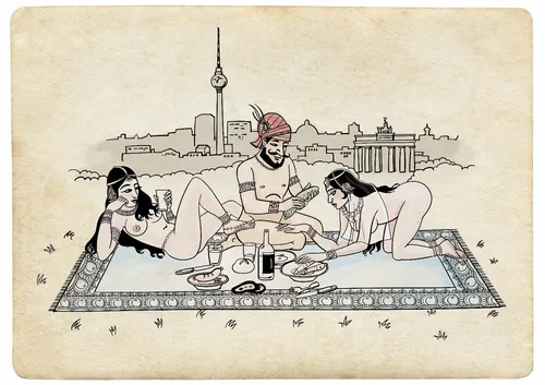 Picnic scene with three people and Berlin skyline by Björn von Schlippe