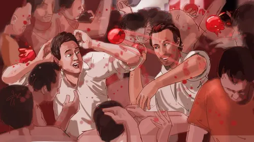 Illustration of men hitting themselves in a crowded space by Björn von Schlippe