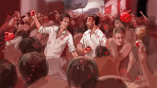 People throwing tomatoes at event, artwork by Björn von Schlippe