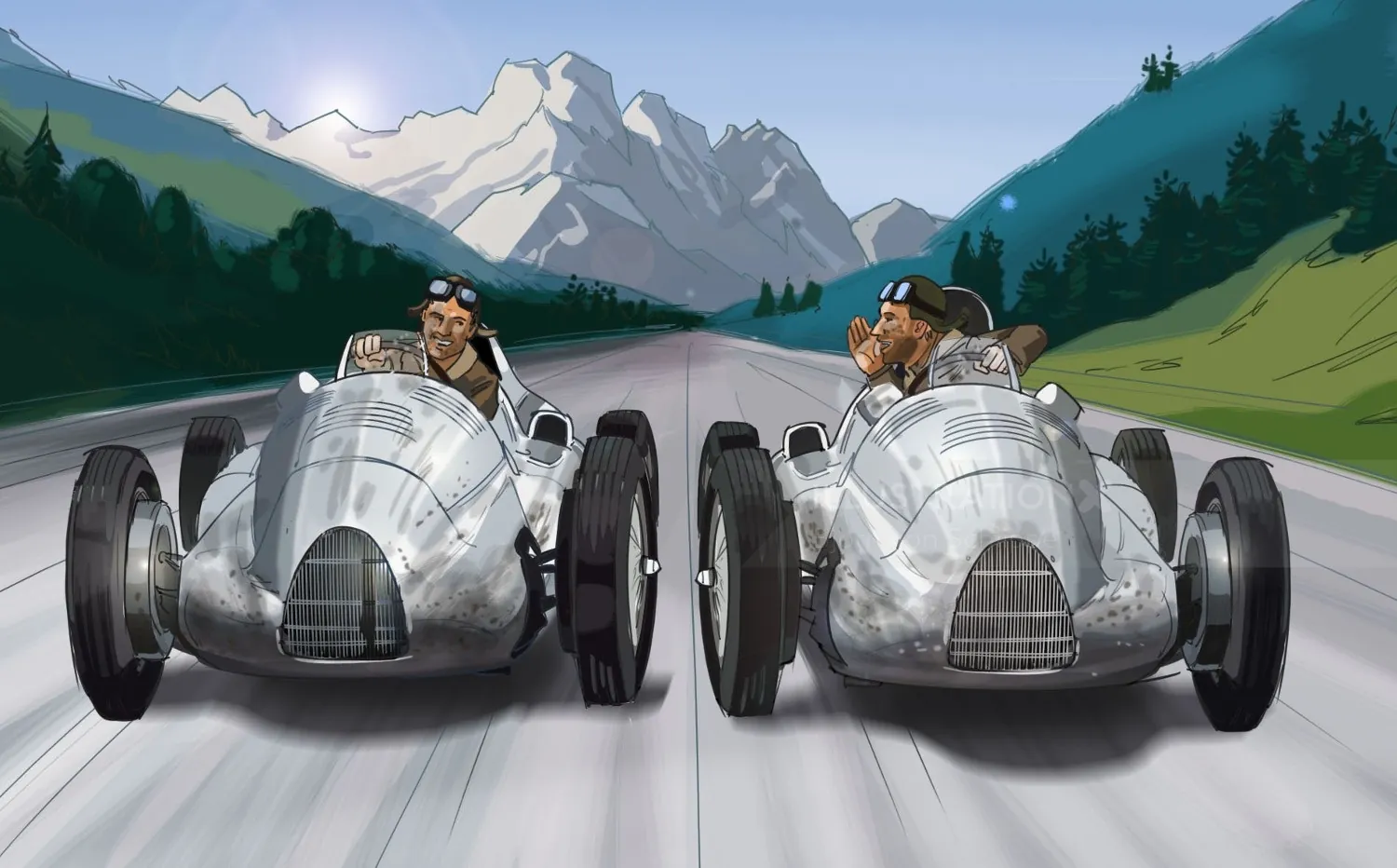 Two vintage silver racing cars driving on road with snowy mountains, artwork by Björn von Schlippe