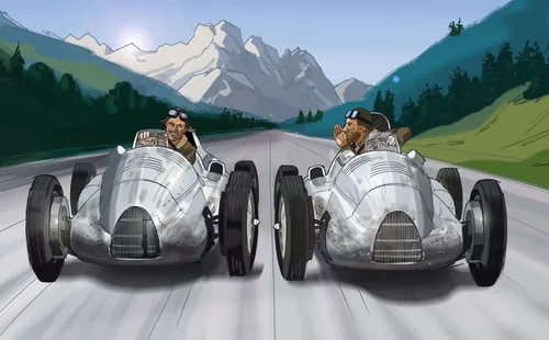 Two vintage silver racing cars driving on road with snowy mountains, artwork by Björn von Schlippe