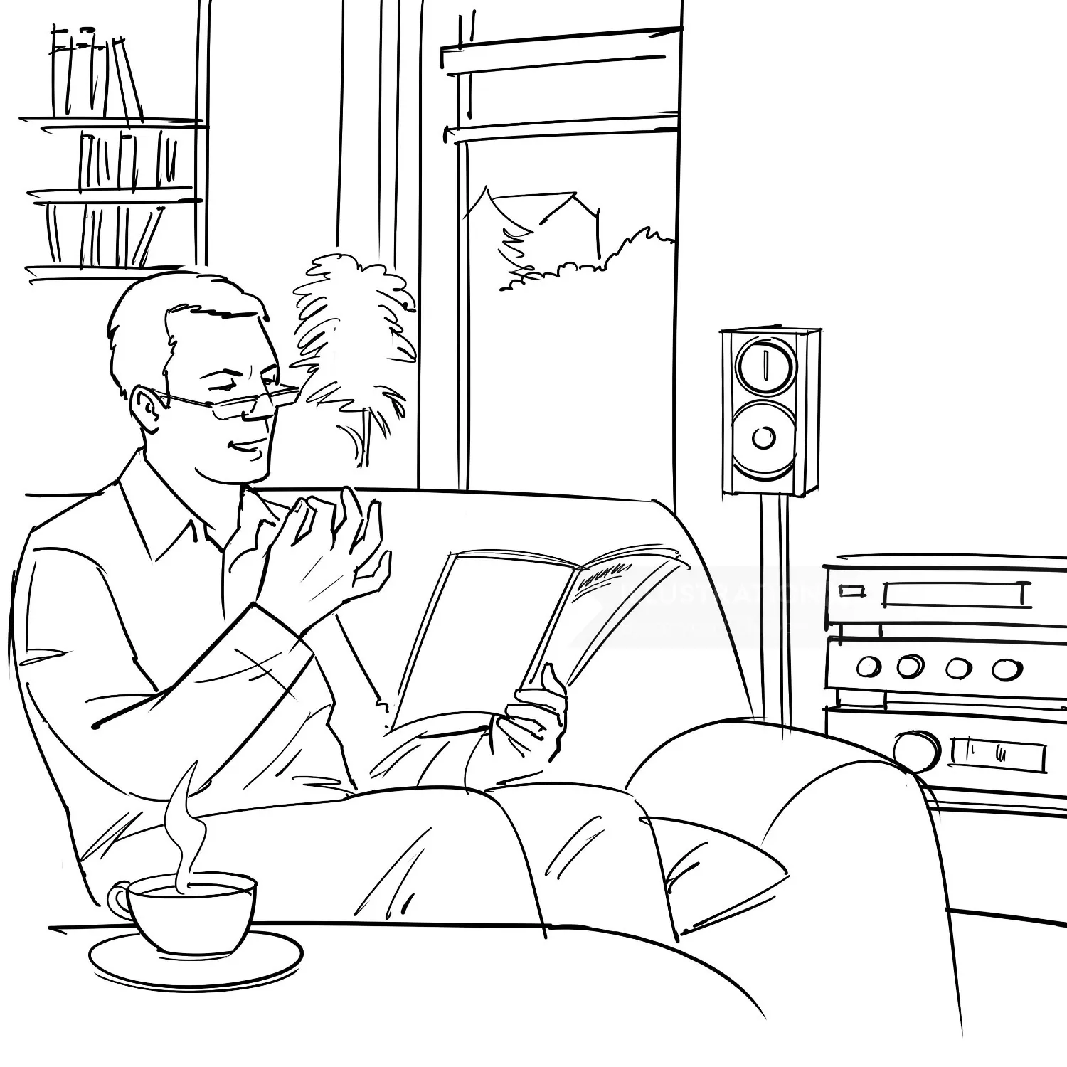 Line drawing of a man reading a book on a couch with coffee, by Björn von Schlippe
