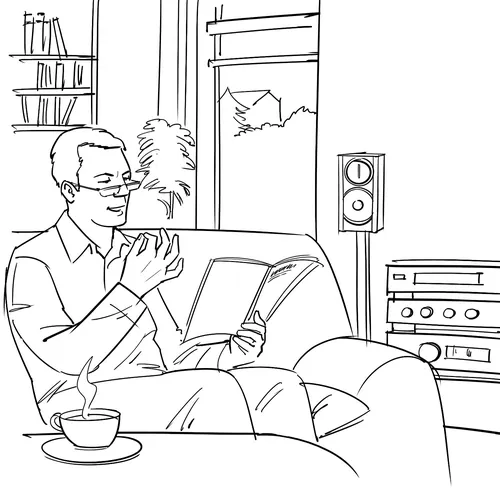 Line drawing of a man reading a book on a couch with coffee, by Björn von Schlippe