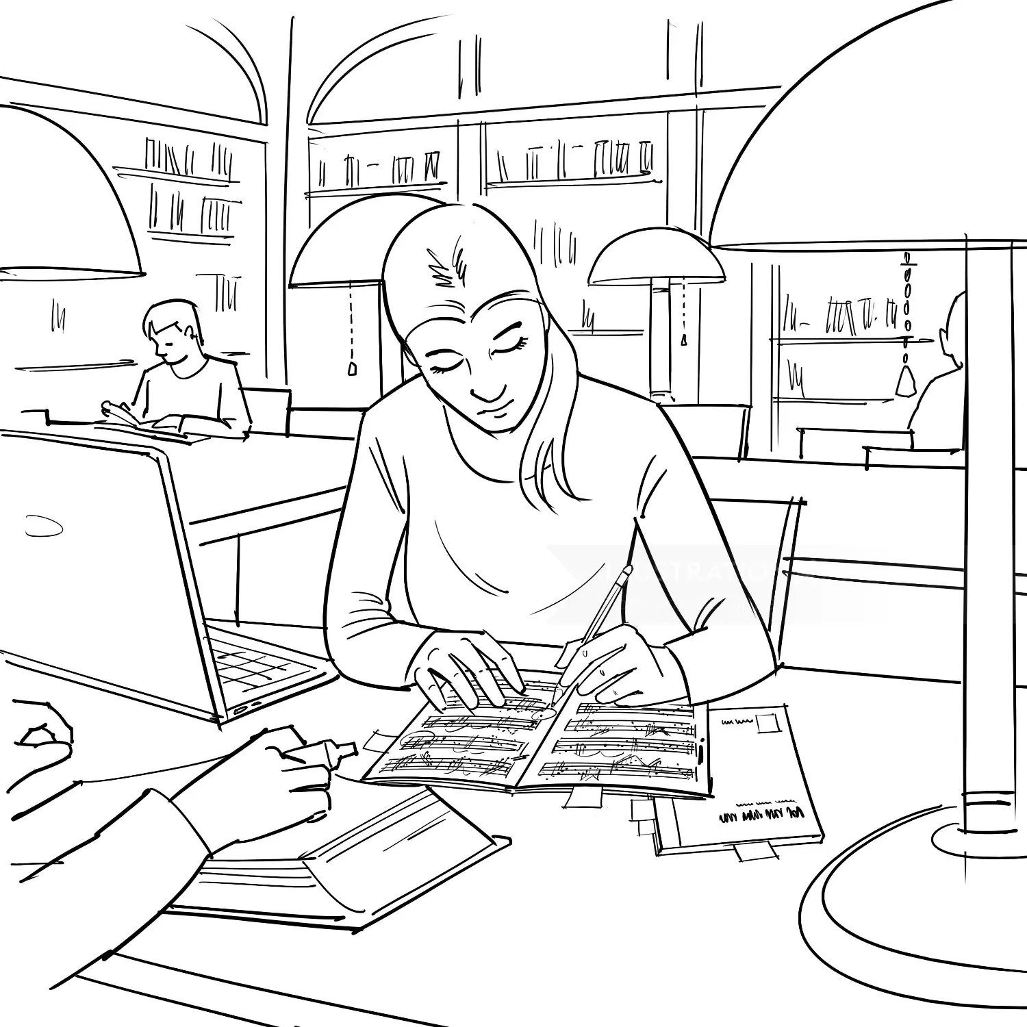 Woman studying a book in a library with people around by Björn von Schlippe