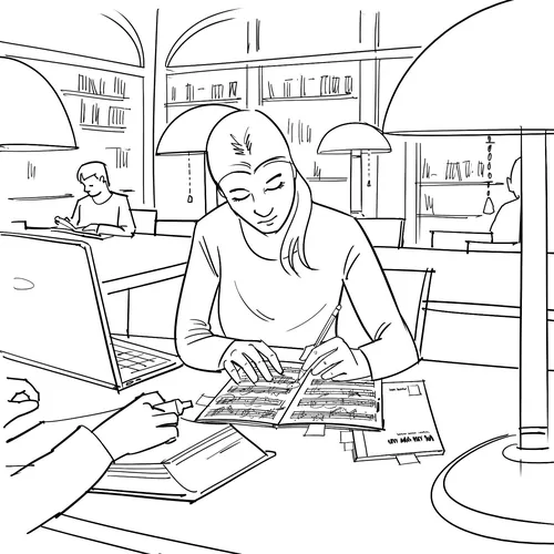 Woman studying a book in a library with people around by Björn von Schlippe