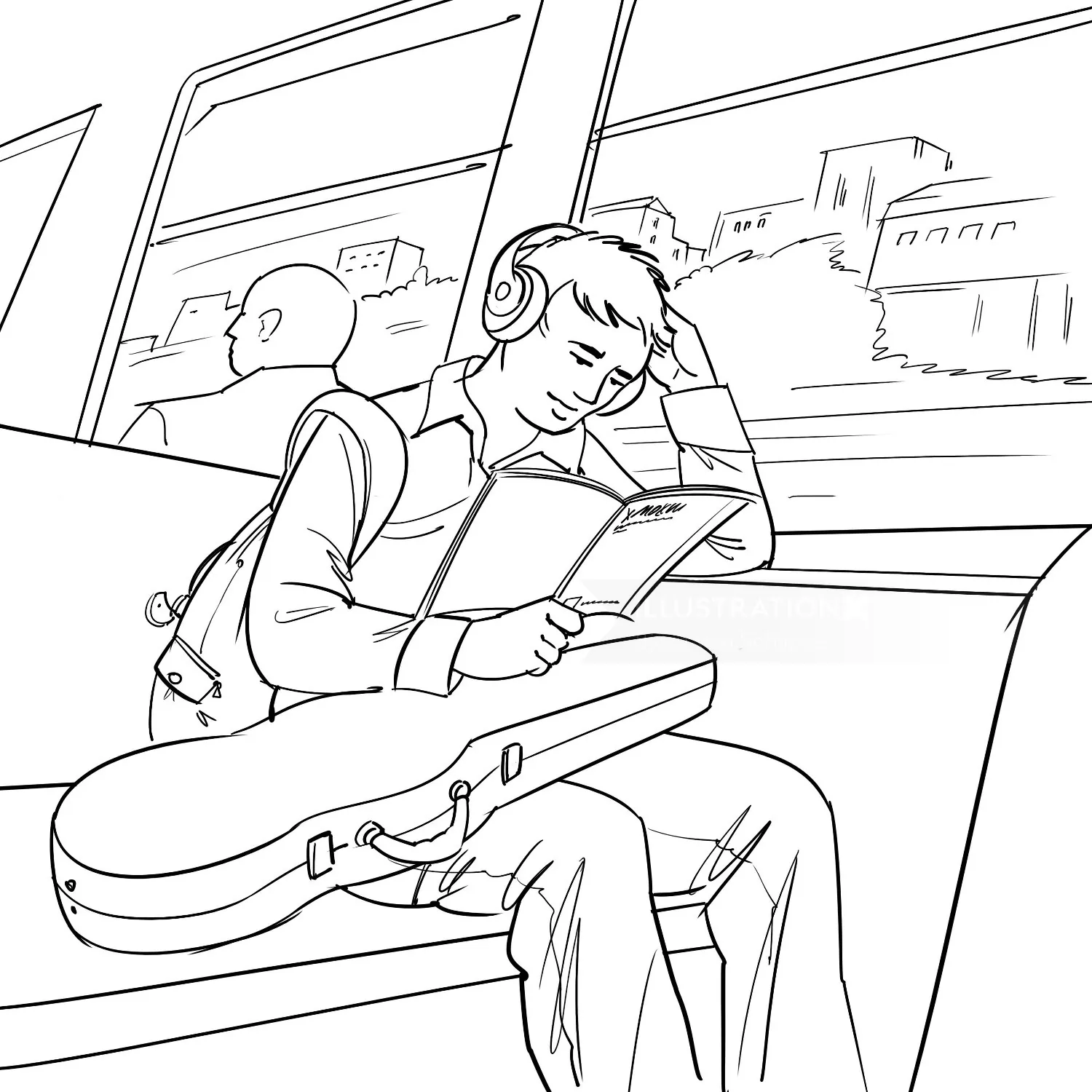 Line drawing of a young man reading on a train with a guitar case by Björn von Schlippe