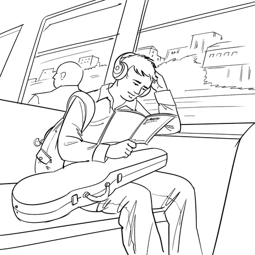 Line drawing of a young man reading on a train with a guitar case by Björn von Schlippe