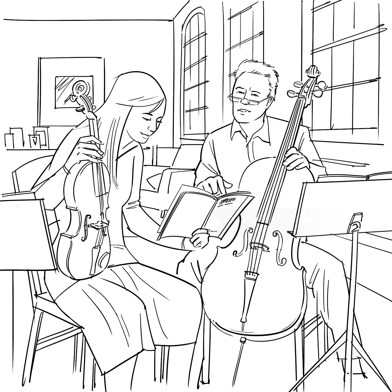 Two musicians rehearsing with violin and cello by Björn von Schlippe
