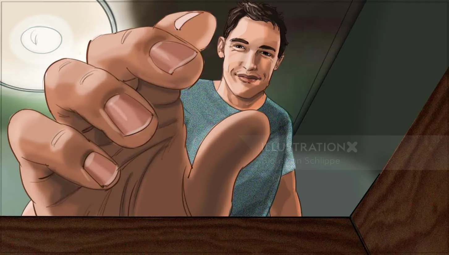 Digital illustration of a man reaching forward with hand extended by Björn von Schlippe