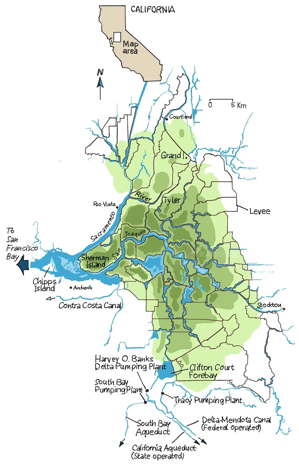 Map of Sacramento-San Joaquin Delta region with rivers and levees by Björn von Schlippe