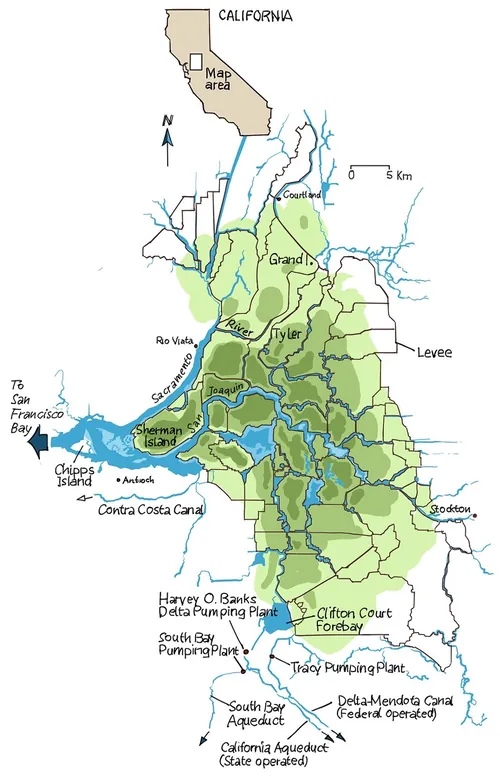 Map of Sacramento-San Joaquin Delta region with rivers and levees by Björn von Schlippe