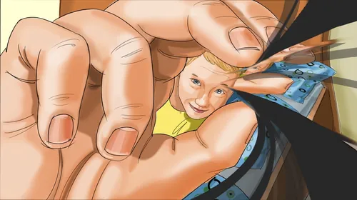 Close-up of artist Björn von Schlippe drawing a boy's portrait