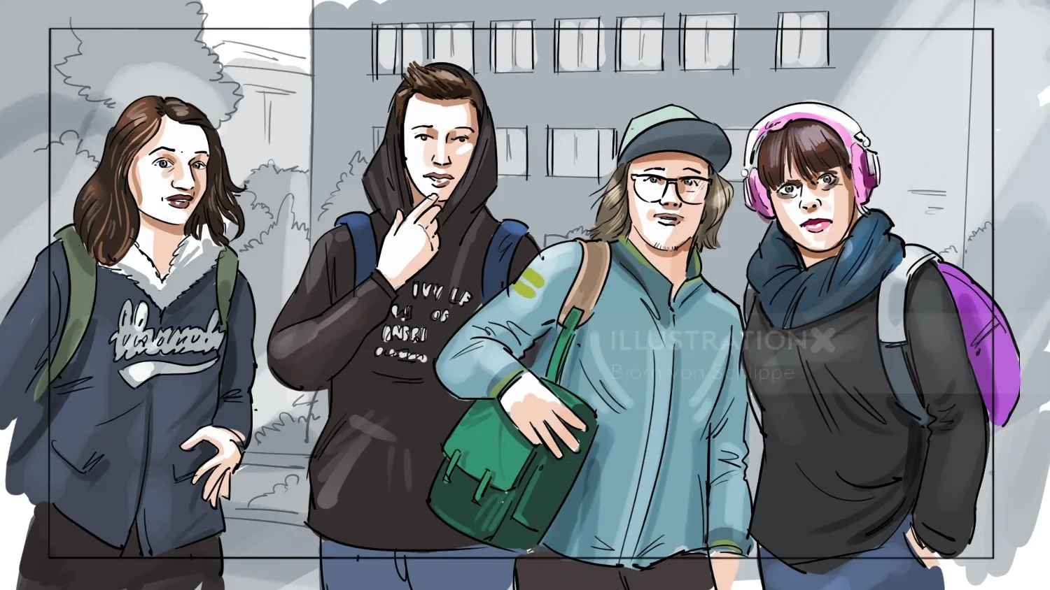 Group of four young people with backpacks outside a building, illustration by Björn von Schlippe