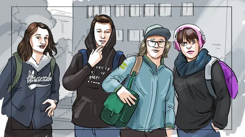 Group of four young people with backpacks outside a building, illustration by Björn von Schlippe