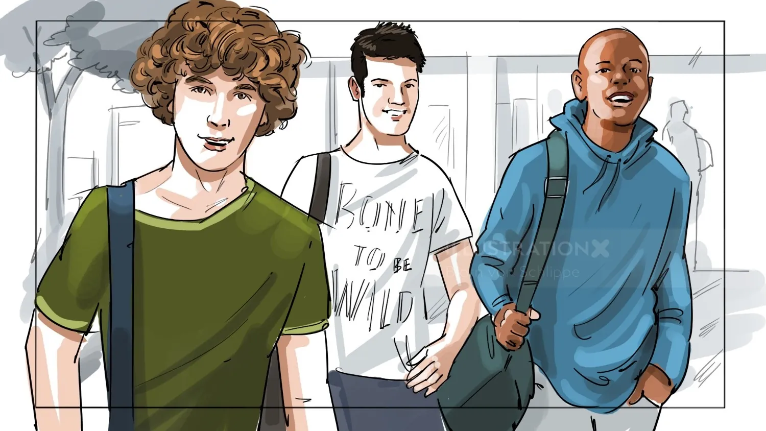 Three young men walking outdoors, casual clothing, backpacks by Björn von Schlippe