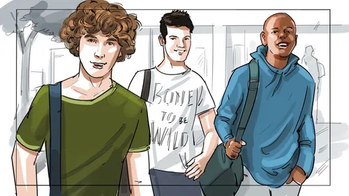 Three young men walking outdoors, casual clothing, backpacks by Björn von Schlippe