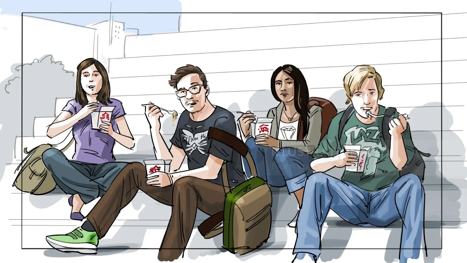 Four people eating instant noodles outdoors, illustration by Björn von Schlippe
