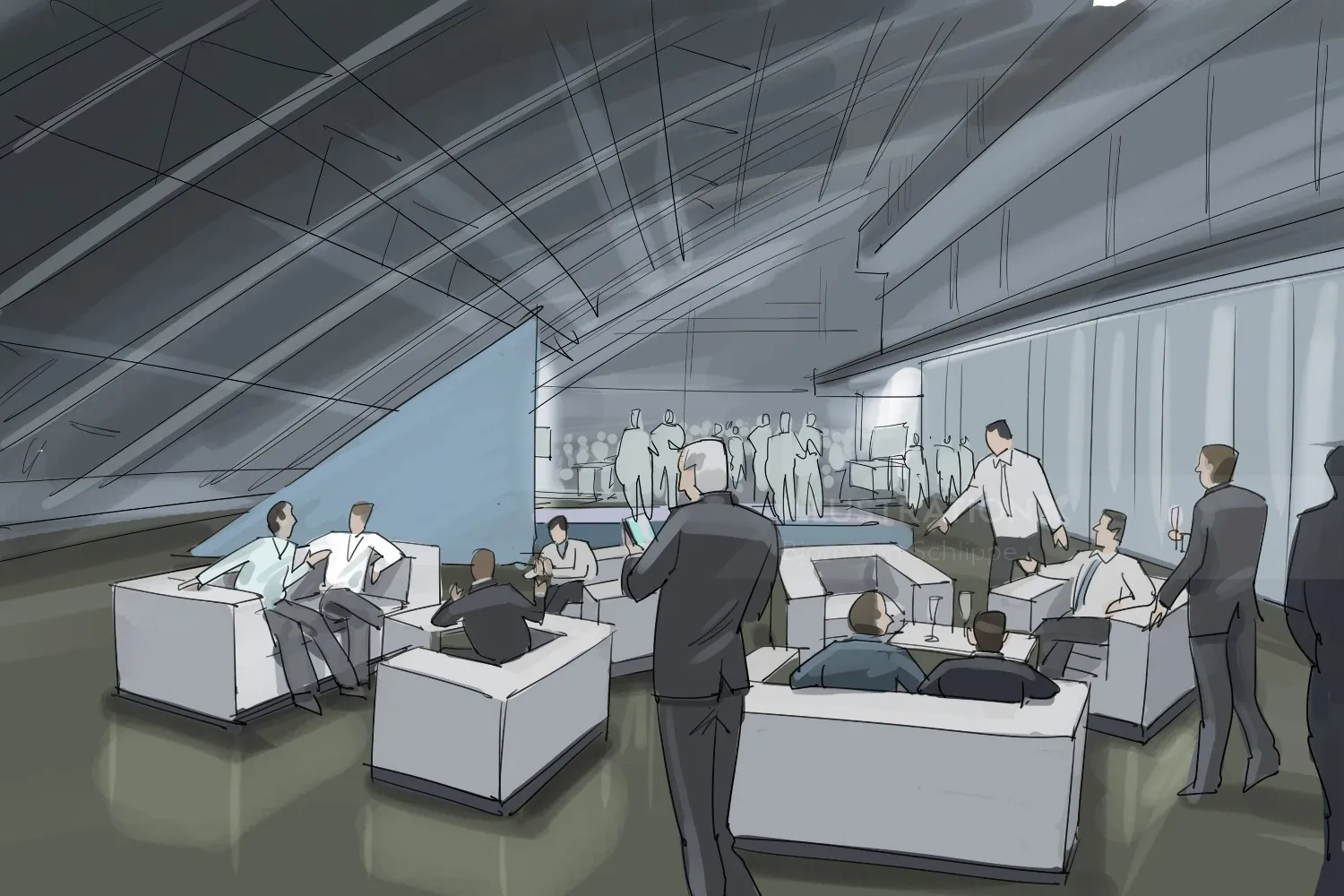 Office lounge with people meeting and relaxing under large slanted windows, by Björn von Schlippe