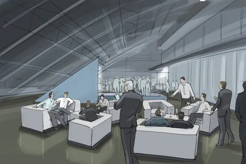 Office lounge with people meeting and relaxing under large slanted windows, by Björn von Schlippe